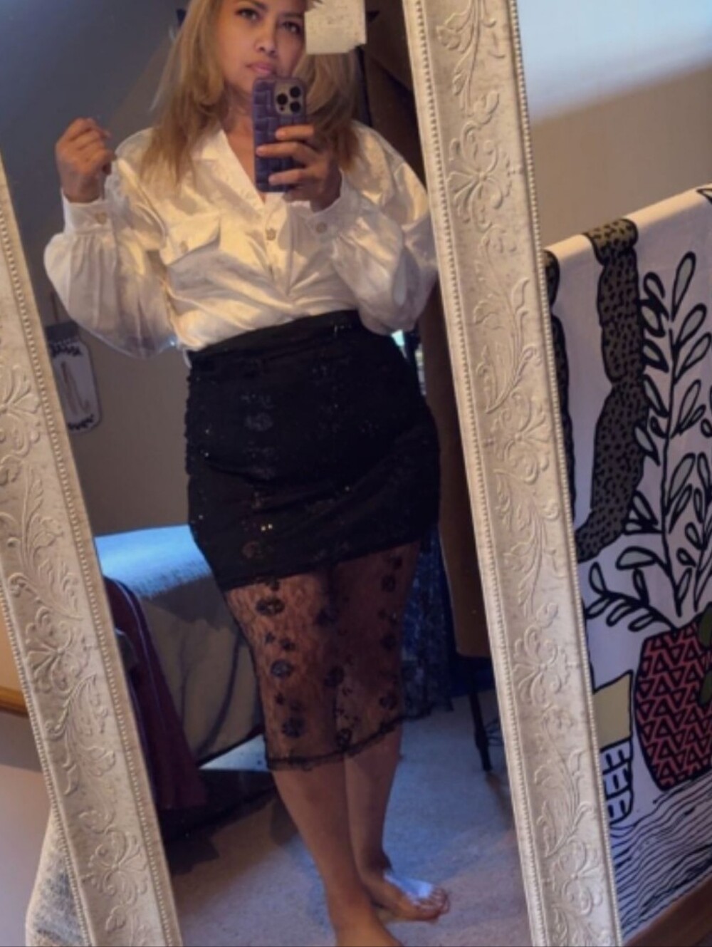 Black Sequin Lace Overlay Midi Skirt